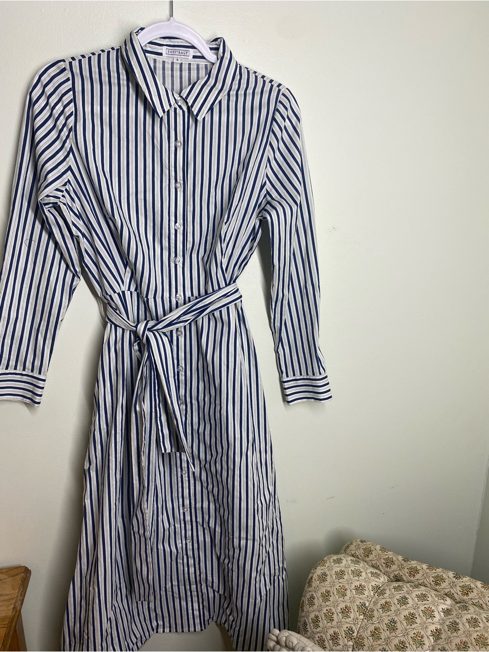 Sweet Salt Collared Shirtdress in Blue and White Stripes with Waist Tie